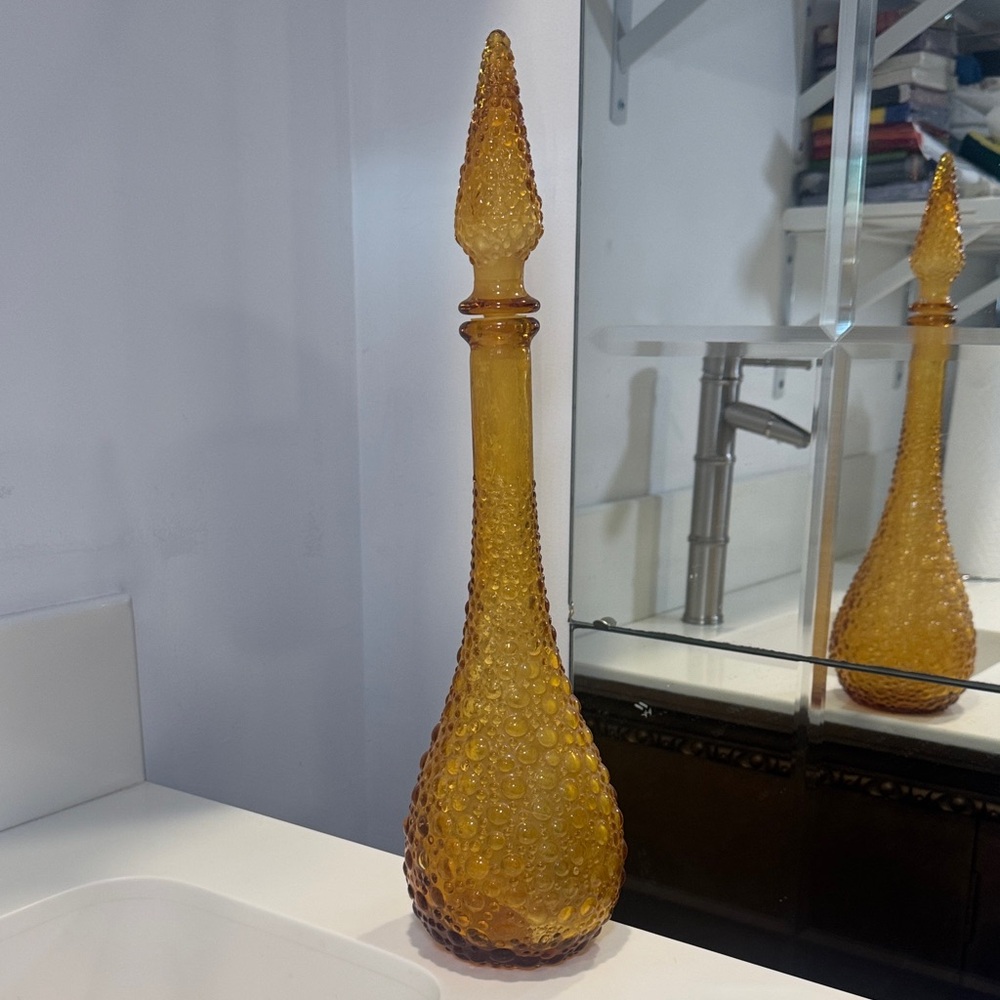 Vtg MCM Rossini Empoli Amber Gold Hobnail Glass Genie Bottle Decanter Italy 18”